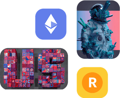 4 images in a grid, top left ethereum, top right moon man nft, bottom left man virtual nft, bottom right square with R