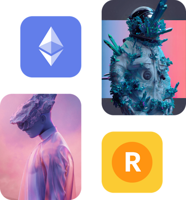 4 images in a grid, top left ethereum, top right moon man nft, bottom left man virtual nft, bottom right square with R